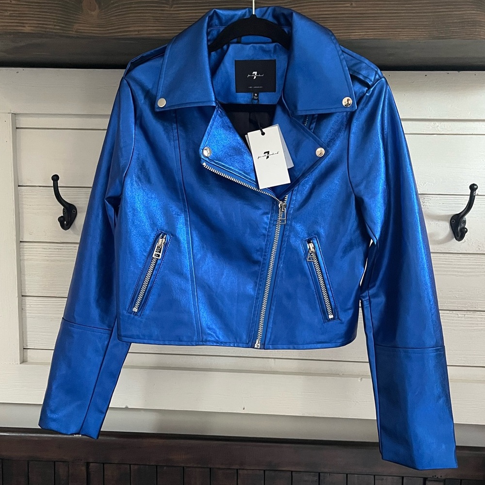 NWT 7 For All Mankind Faux Electric METALLIC Blue Moto / Biker Jacket Sz… - Picture 2 of 16